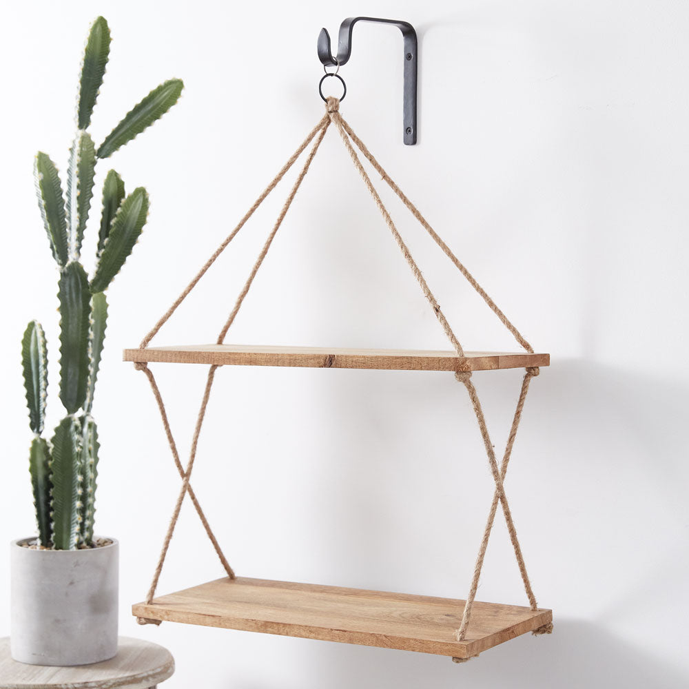 Two-Tiered Boho Hanging Shelf with Hook