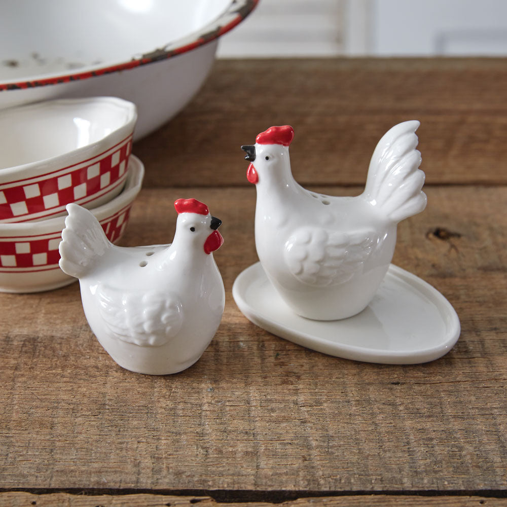 Hen and Rooster Salt and Pepper Shakers with Egg Plate