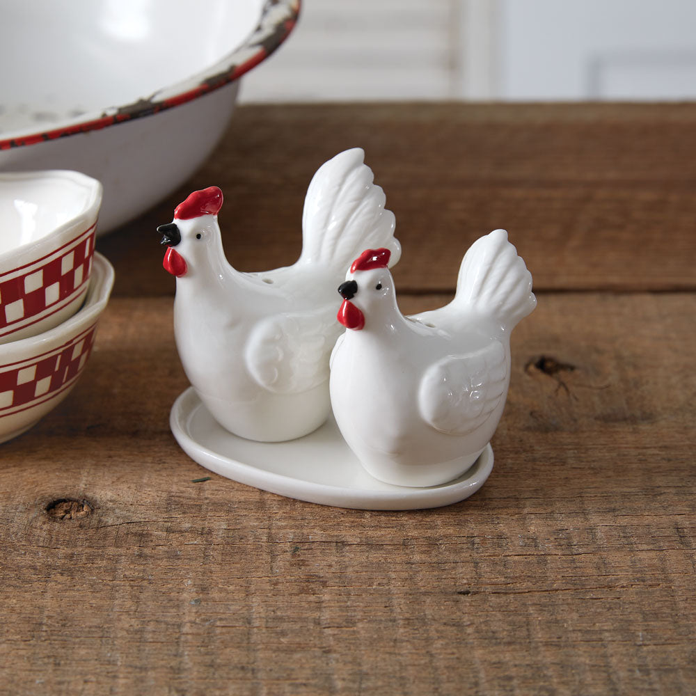 Hen and Rooster Salt and Pepper Shakers with Egg Plate