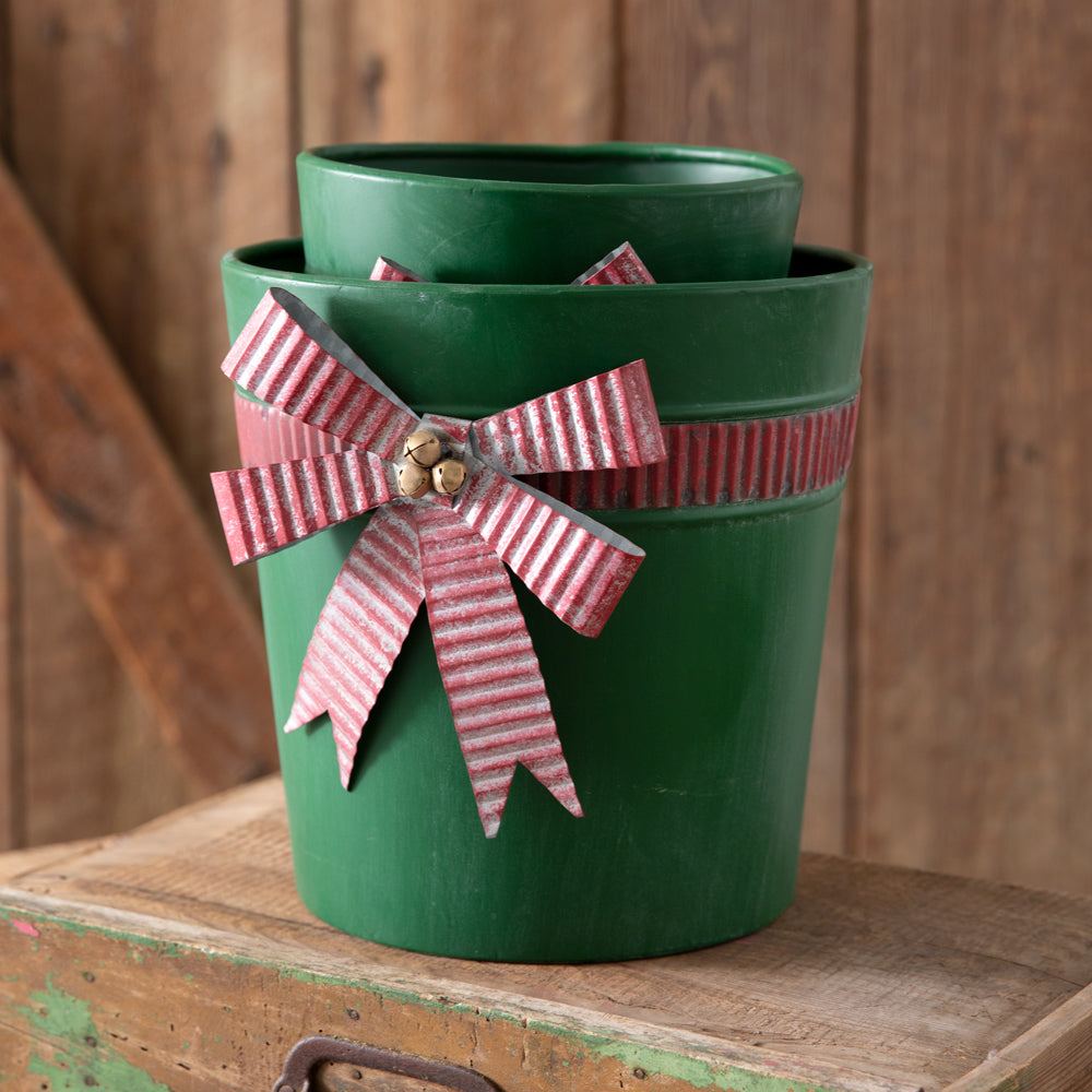 Set of Two Green Buckets with Bows