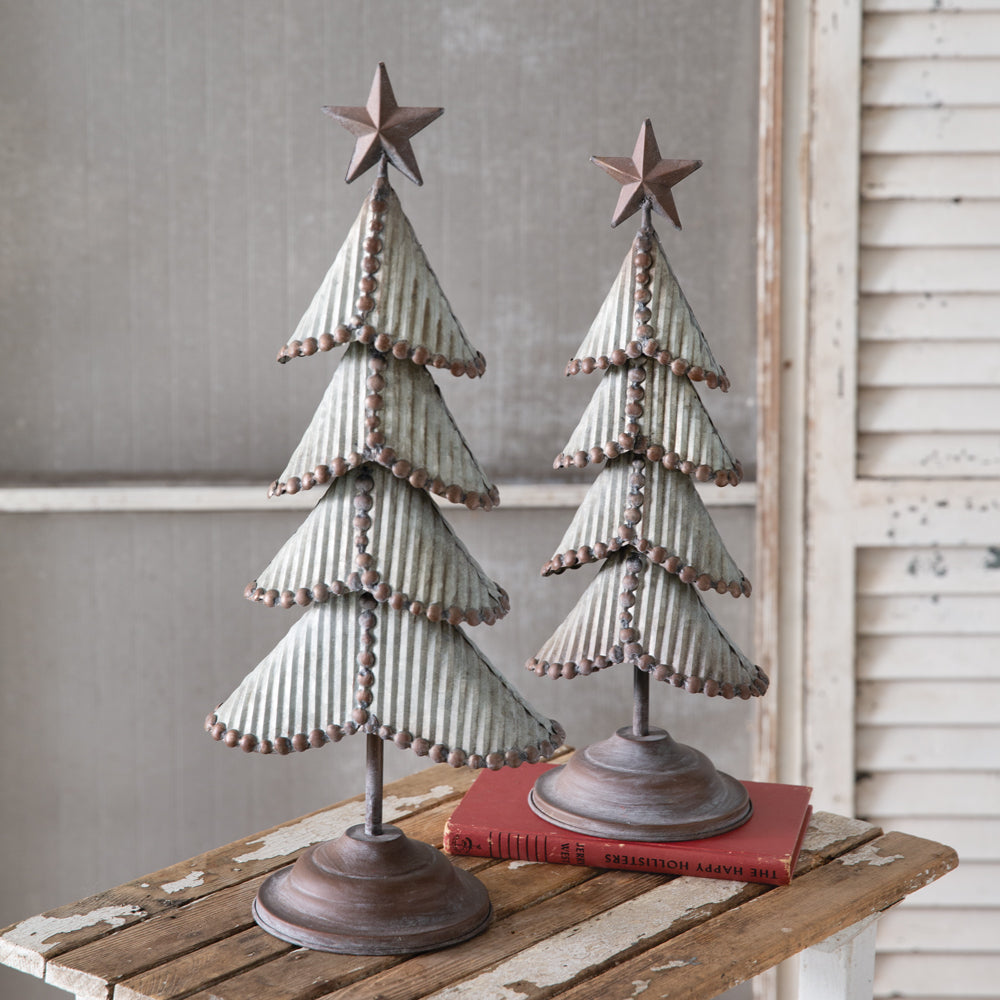 Set of Two Weathered Tin Christmas Trees