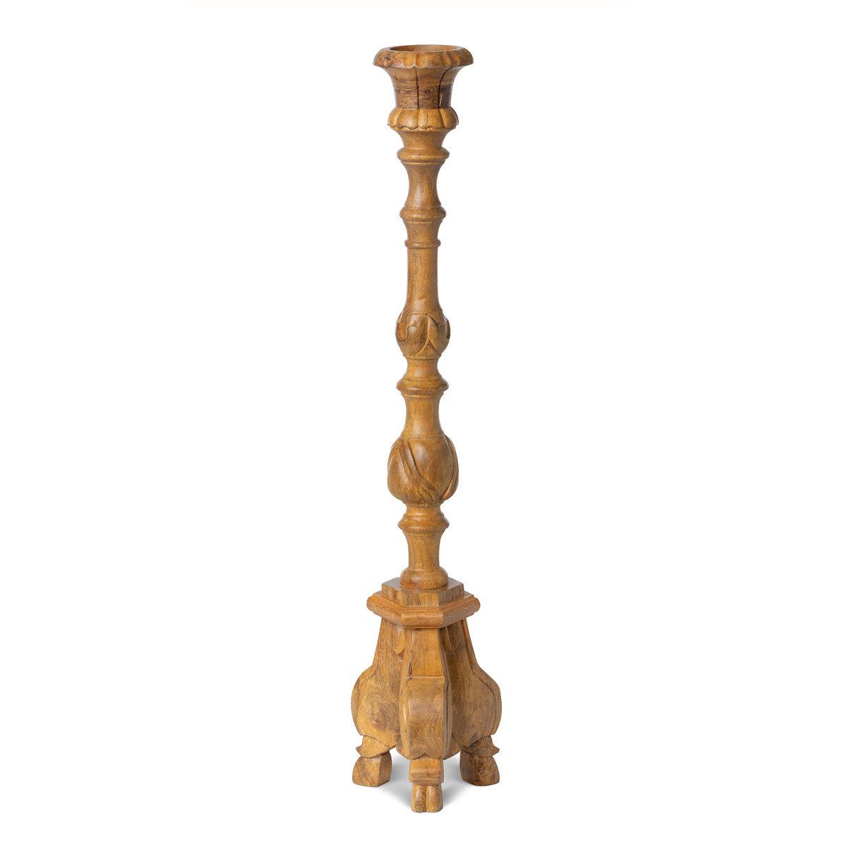 Carved Wood Pillar Candle Holder