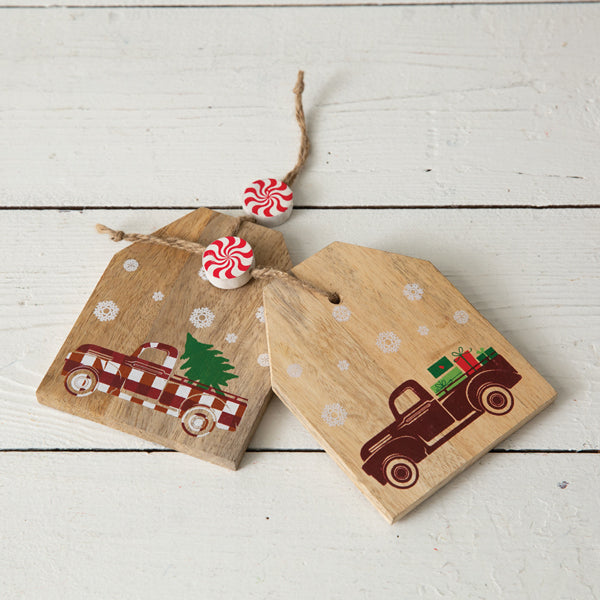 Set of Two Christmas Truck Wooden Tags