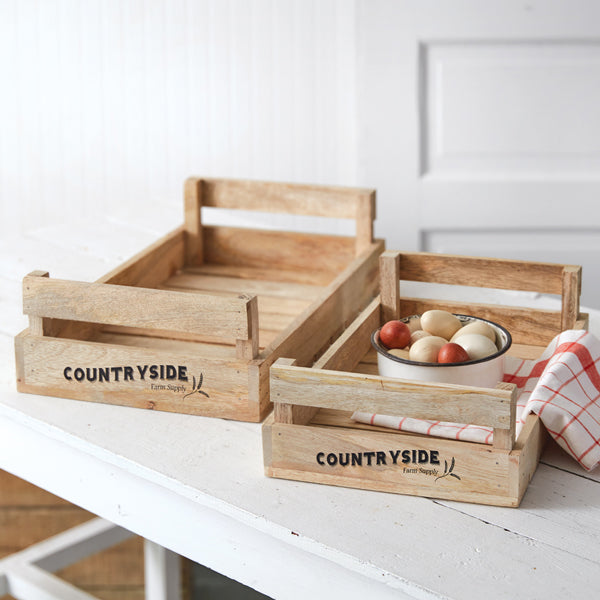 Set of Two Countryside Wood Trays