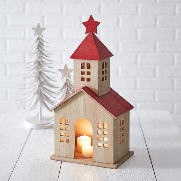Wooden Holiday Schoolhouse Lantern