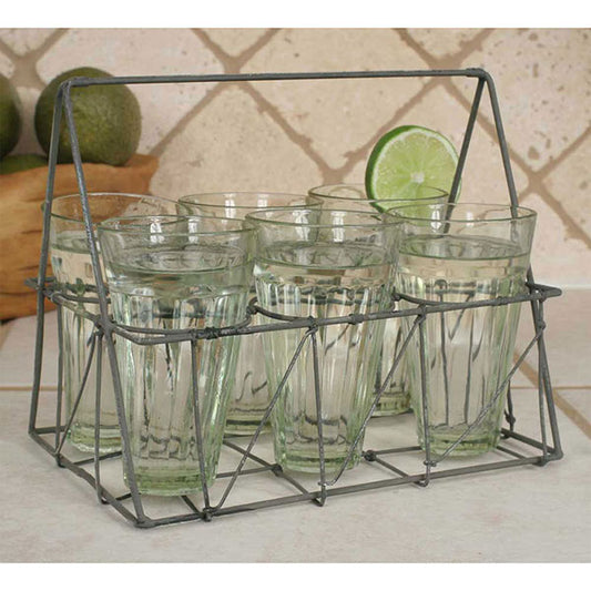 Rectangular Wire Caddy with Six Glasses - Galvanized