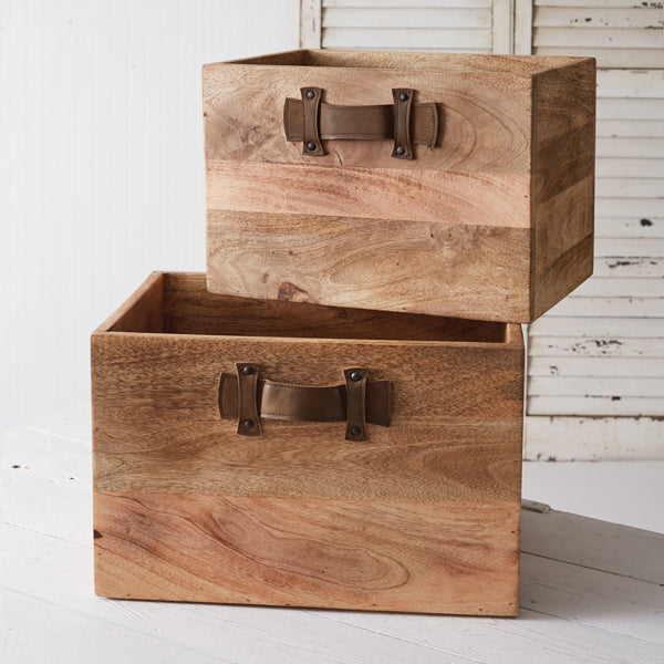 Set of Two Leather Handled Wood Boxes