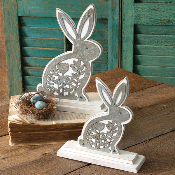 Set of Two Wooden Bunnies with Metal Cutouts
