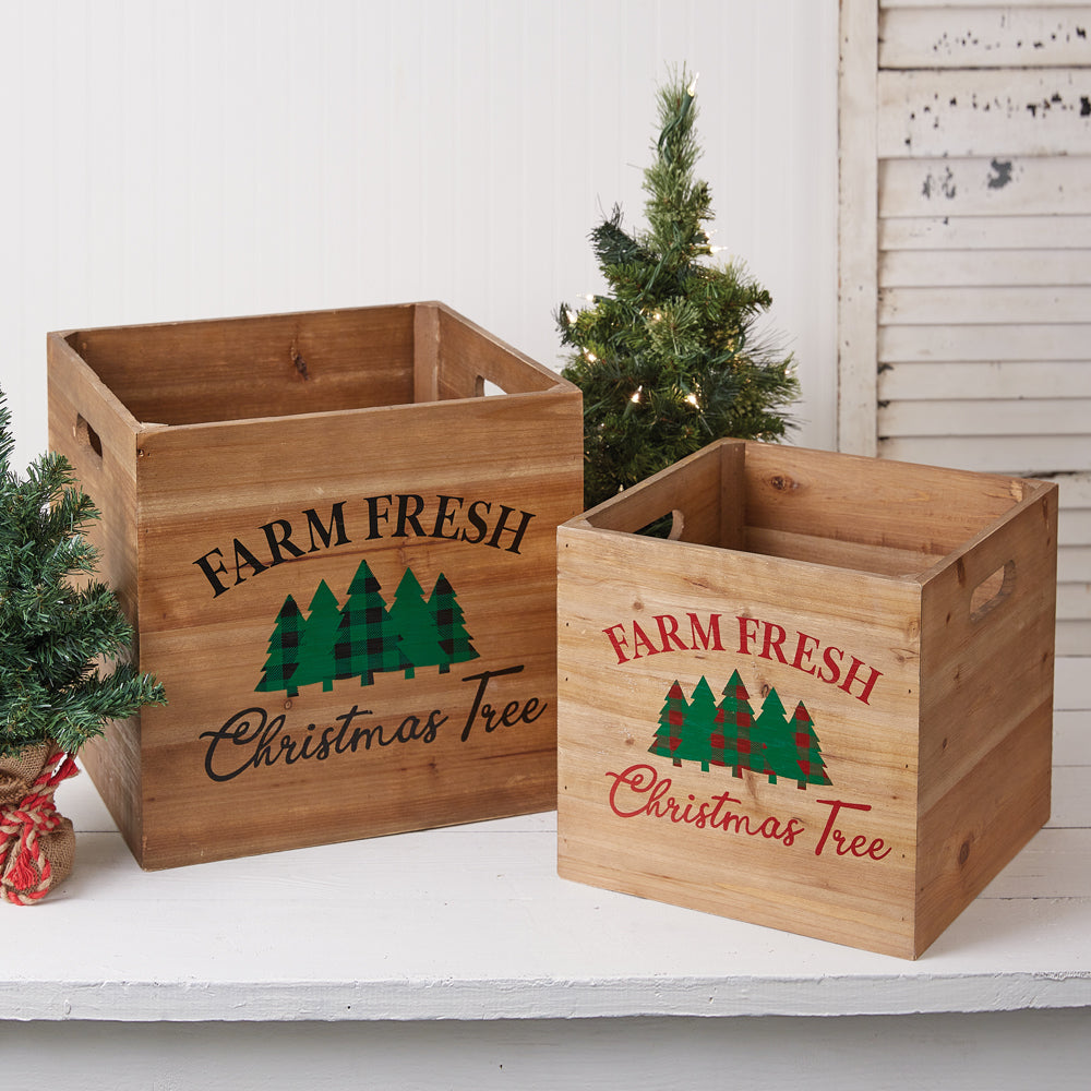 Set of Two Wooden Farm Fresh Christmas Tree Boxes