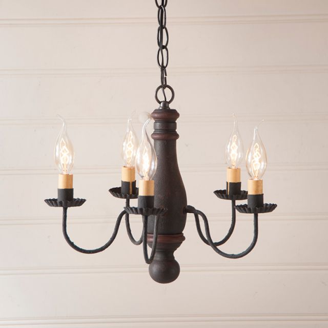 5-Arm Bed and Breakfast Wood Chandelier in Hartford Black with Red Stripe - Made in USA - Brownsland Farm