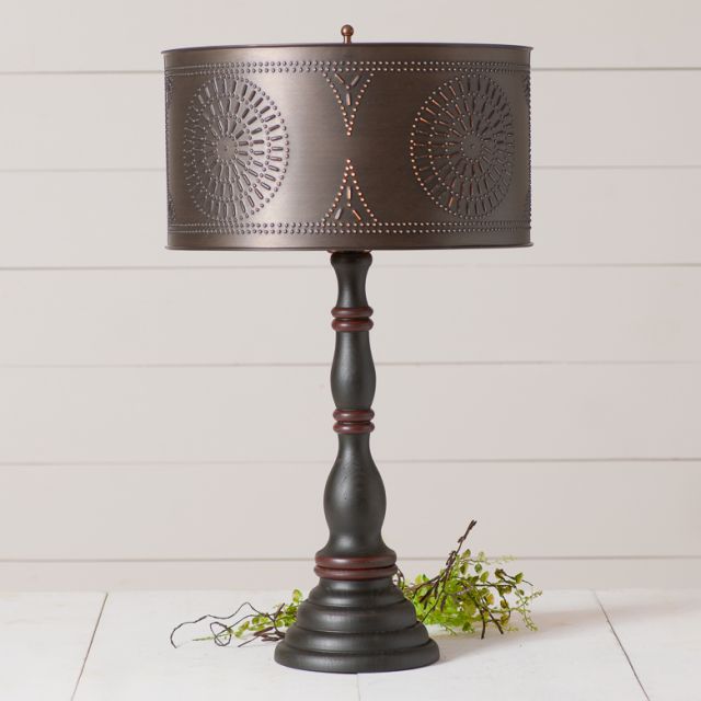 Devenport Wood Table Lamp in Rustic Black with Drum Shade